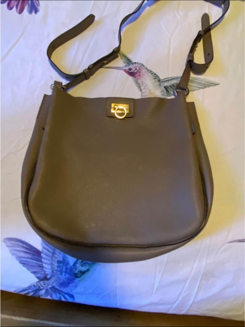 Salvatore Ferragamo Medium Reverse Leather Hobo Bag in a gray/gold Authentic
